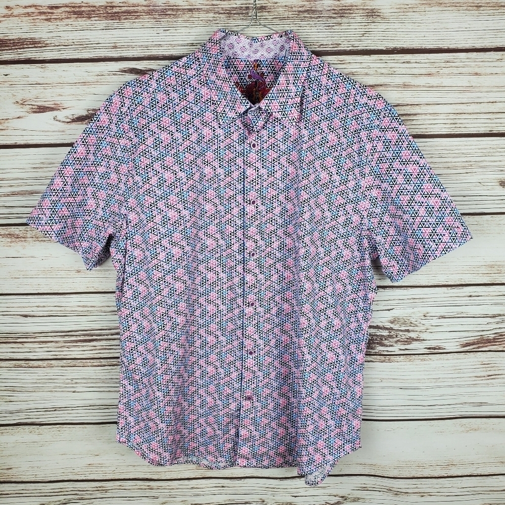 Robert Graham Mens Large Russellville Short Sleeve Geometric Button Down Shirt